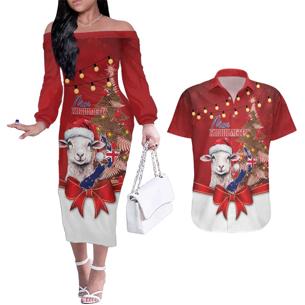 Personalized New Zealand Sheep Christmas Couples Matching Off The Shoulder Long Sleeve Dress and Hawaiian Shirt Hipi Meri Kirihimete Silver Fern Xmas Tree LT14 Red - Polynesian Pride