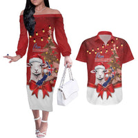 Personalized New Zealand Sheep Christmas Couples Matching Off The Shoulder Long Sleeve Dress and Hawaiian Shirt Hipi Meri Kirihimete Silver Fern Xmas Tree LT14 Red - Polynesian Pride