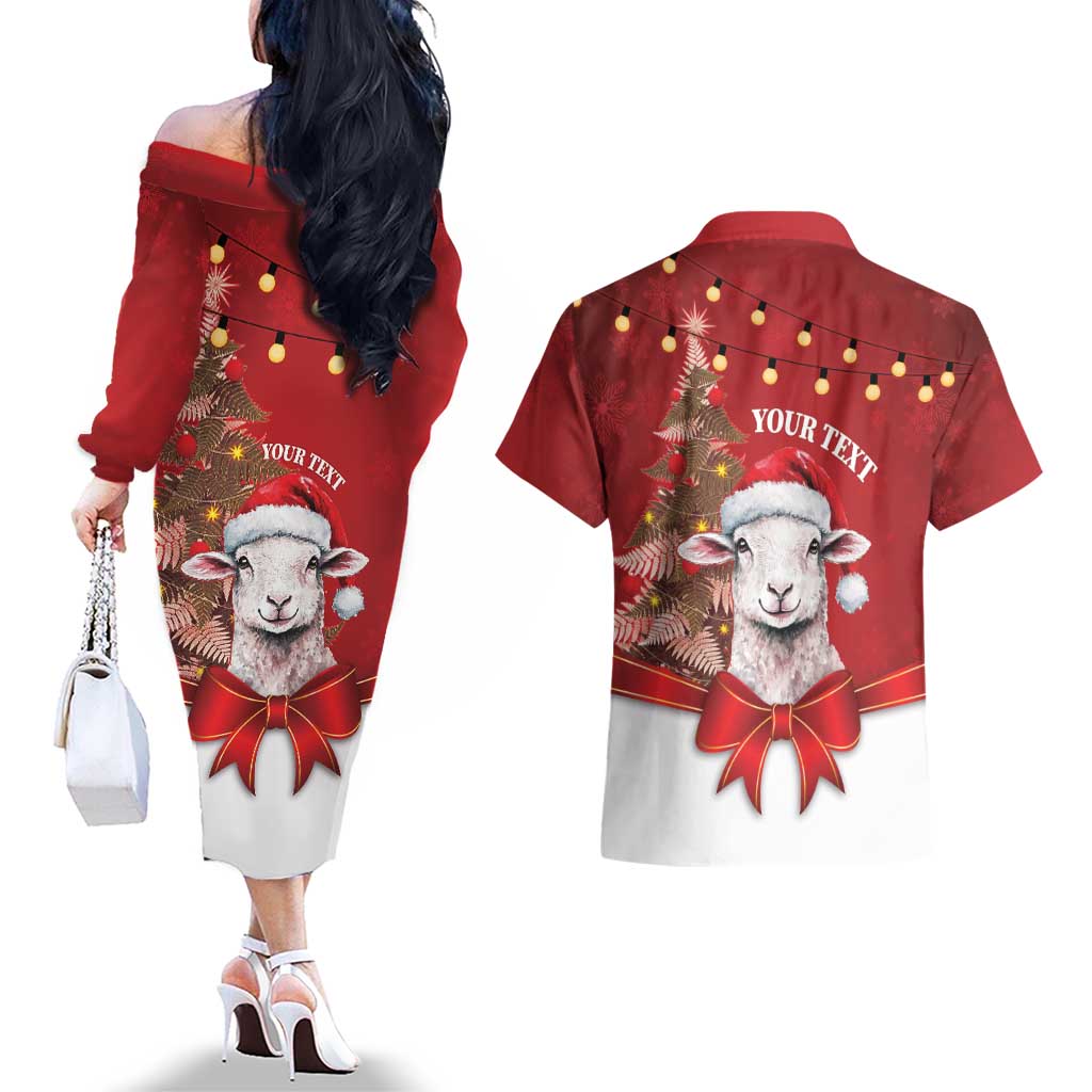 Personalized New Zealand Sheep Christmas Couples Matching Off The Shoulder Long Sleeve Dress and Hawaiian Shirt Hipi Meri Kirihimete Silver Fern Xmas Tree LT14 - Polynesian Pride