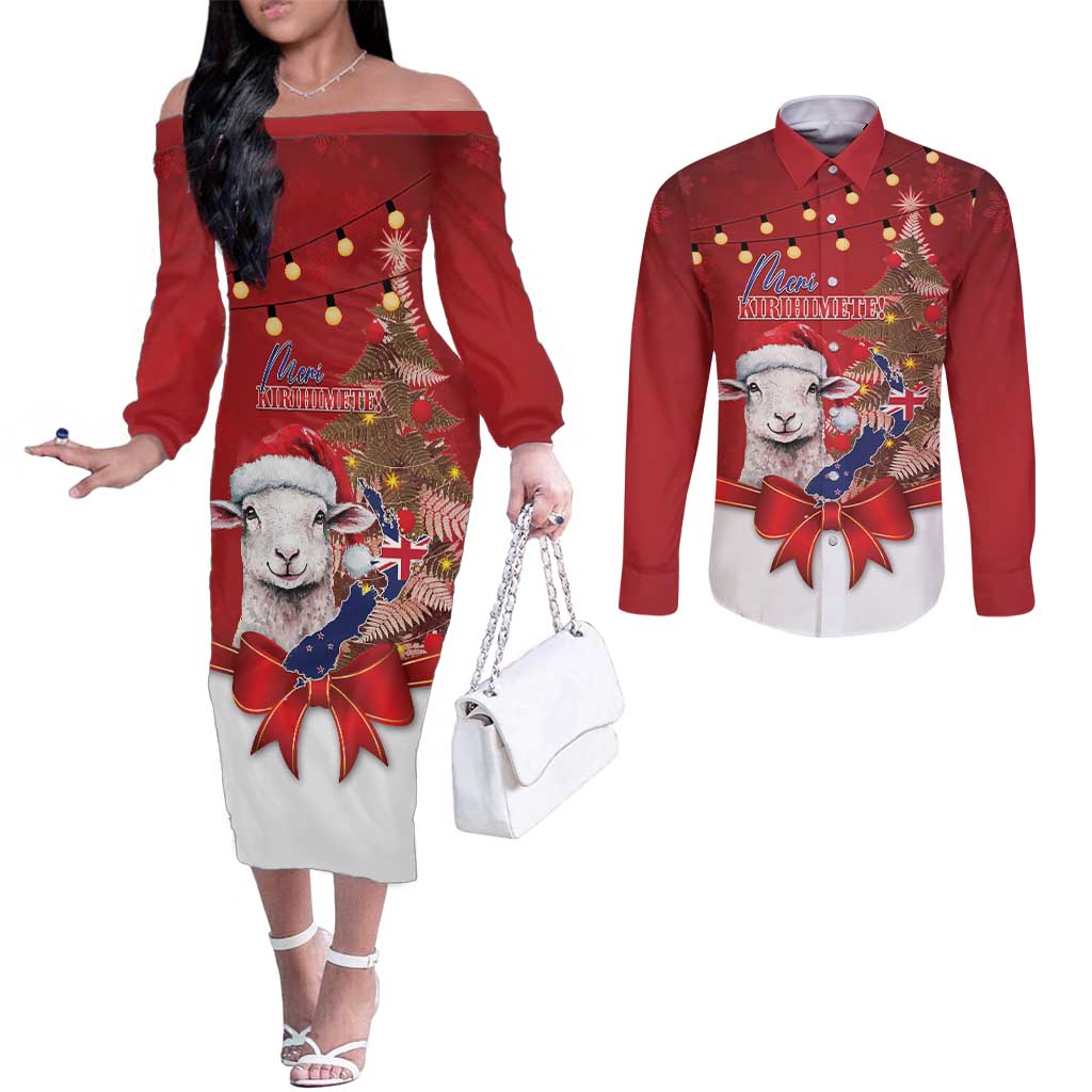 Personalized New Zealand Sheep Christmas Couples Matching Off The Shoulder Long Sleeve Dress and Long Sleeve Button Shirt Hipi Meri Kirihimete Silver Fern Xmas Tree - Polynesian Pride