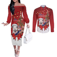 Personalized New Zealand Sheep Christmas Couples Matching Off The Shoulder Long Sleeve Dress and Long Sleeve Button Shirt Hipi Meri Kirihimete Silver Fern Xmas Tree LT14 Red - Polynesian Pride