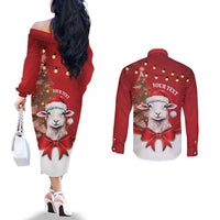 Personalized New Zealand Sheep Christmas Couples Matching Off The Shoulder Long Sleeve Dress and Long Sleeve Button Shirt Hipi Meri Kirihimete Silver Fern Xmas Tree LT14 - Polynesian Pride