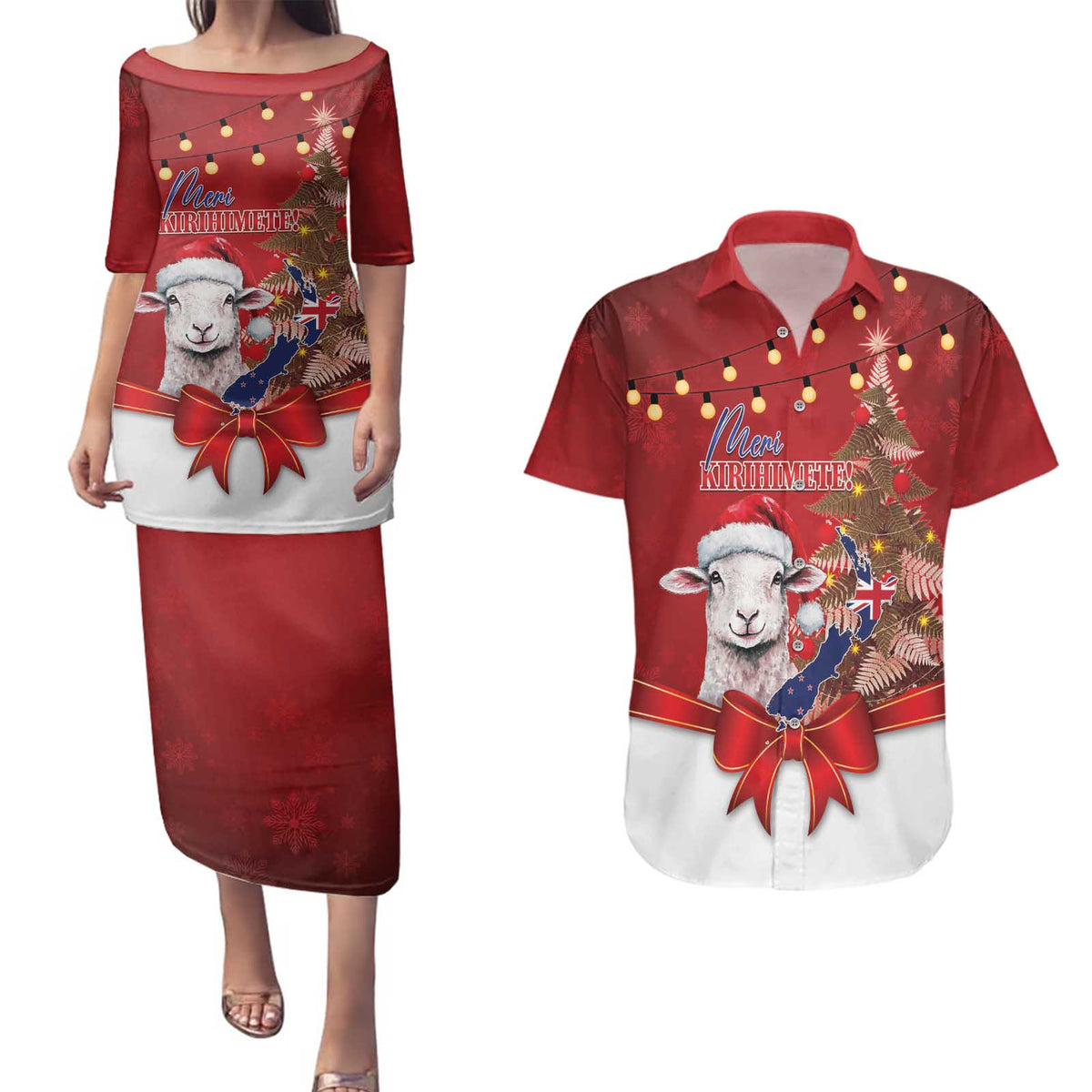 Personalized New Zealand Sheep Christmas Couples Matching Puletasi and Hawaiian Shirt Hipi Meri Kirihimete Silver Fern Xmas Tree LT14 Red - Polynesian Pride