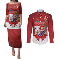 Personalized New Zealand Sheep Christmas Couples Matching Puletasi and Long Sleeve Button Shirt Hipi Meri Kirihimete Silver Fern Xmas Tree LT14 Red - Polynesian Pride
