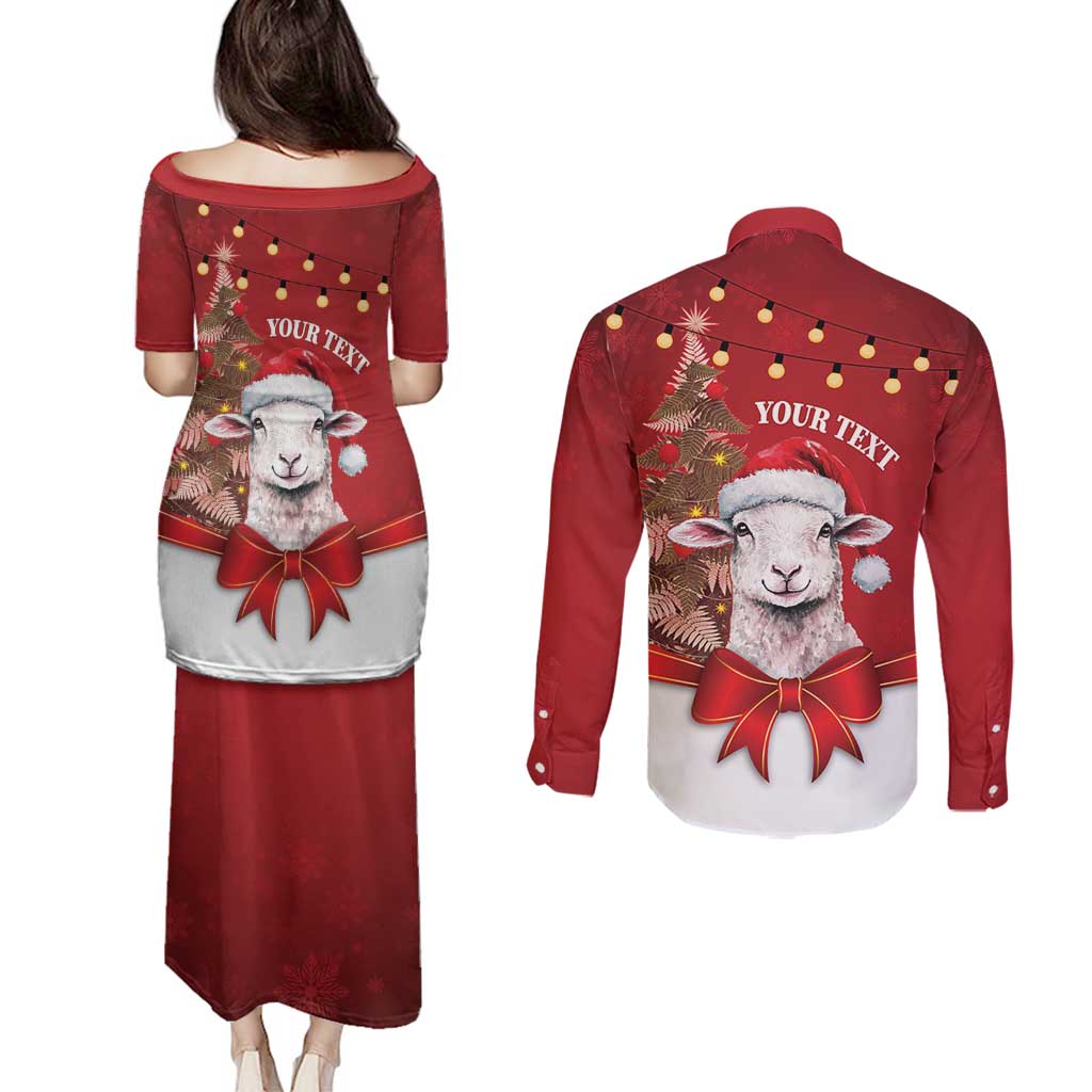 Personalized New Zealand Sheep Christmas Couples Matching Puletasi and Long Sleeve Button Shirt Hipi Meri Kirihimete Silver Fern Xmas Tree LT14 - Polynesian Pride