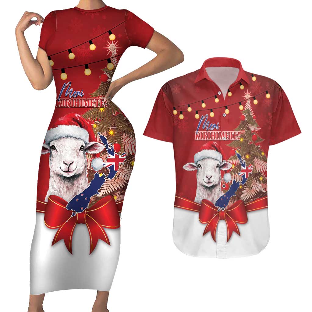 Personalized New Zealand Sheep Christmas Couples Matching Short Sleeve Bodycon Dress and Hawaiian Shirt Hipi Meri Kirihimete Silver Fern Xmas Tree LT14 Red - Polynesian Pride