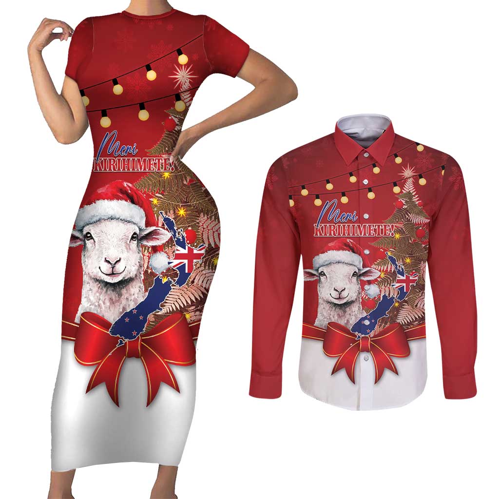 Personalized New Zealand Sheep Christmas Couples Matching Short Sleeve Bodycon Dress and Long Sleeve Button Shirt Hipi Meri Kirihimete Silver Fern Xmas Tree LT14 Red - Polynesian Pride