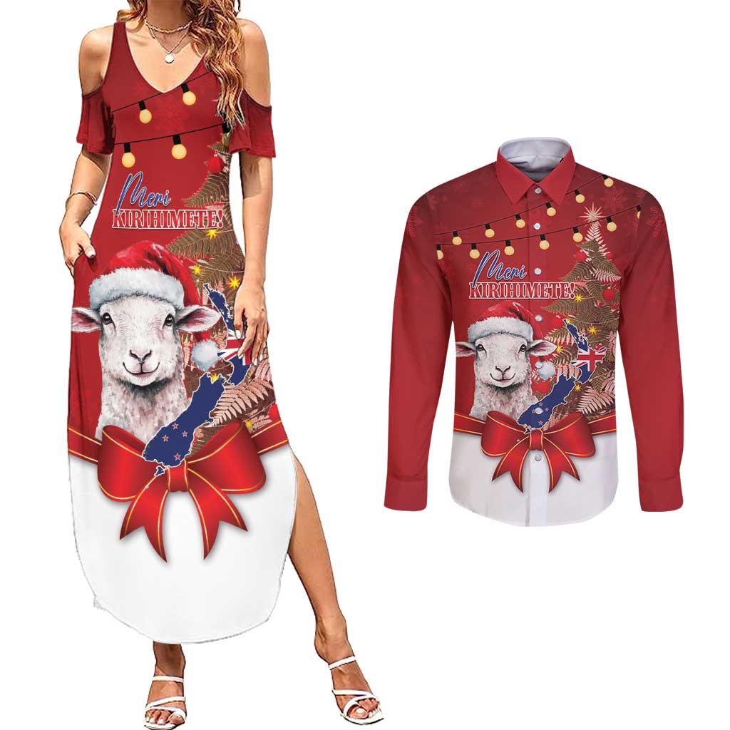 Personalized New Zealand Sheep Christmas Couples Matching Summer Maxi Dress and Long Sleeve Button Shirt Hipi Meri Kirihimete Silver Fern Xmas Tree LT14 Red - Polynesian Pride