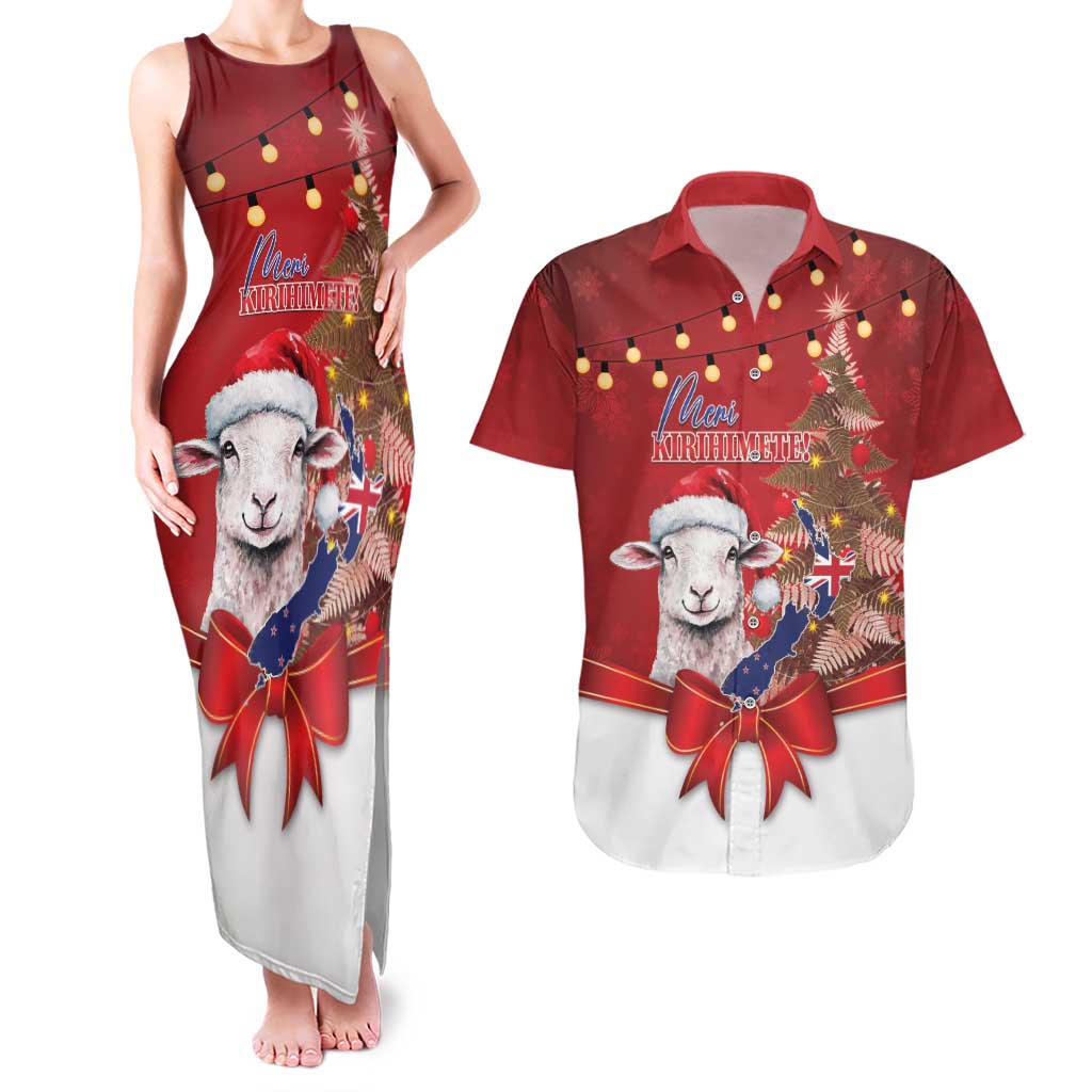 Personalized New Zealand Sheep Christmas Couples Matching Tank Maxi Dress and Hawaiian Shirt Hipi Meri Kirihimete Silver Fern Xmas Tree LT14 Red - Polynesian Pride