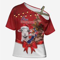 Personalized New Zealand Sheep Christmas Cross Shoulder Shirt Hipi Meri Kirihimete Silver Fern Xmas Tree LT14 Female Red - Polynesian Pride