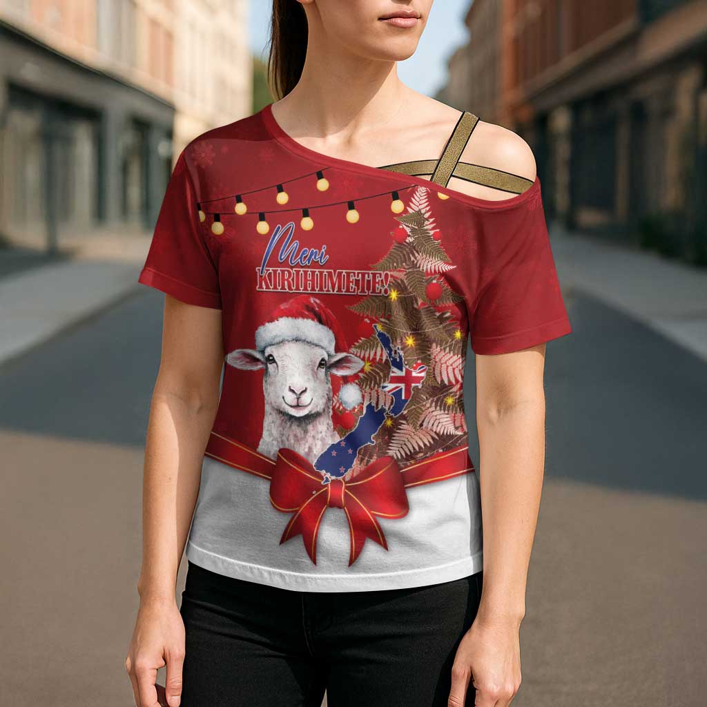 Personalized New Zealand Sheep Christmas Cross Shoulder Shirt Hipi Meri Kirihimete Silver Fern Xmas Tree LT14 - Polynesian Pride