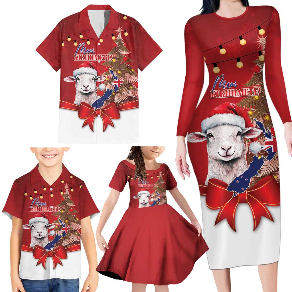Personalized New Zealand Sheep Christmas Family Matching Long Sleeve Bodycon Dress and Hawaiian Shirt Hipi Meri Kirihimete Silver Fern Xmas Tree LT14 - Polynesian Pride