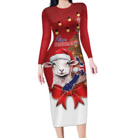 Personalized New Zealand Sheep Christmas Family Matching Long Sleeve Bodycon Dress and Hawaiian Shirt Hipi Meri Kirihimete Silver Fern Xmas Tree LT14 Mom's Dress Red - Polynesian Pride