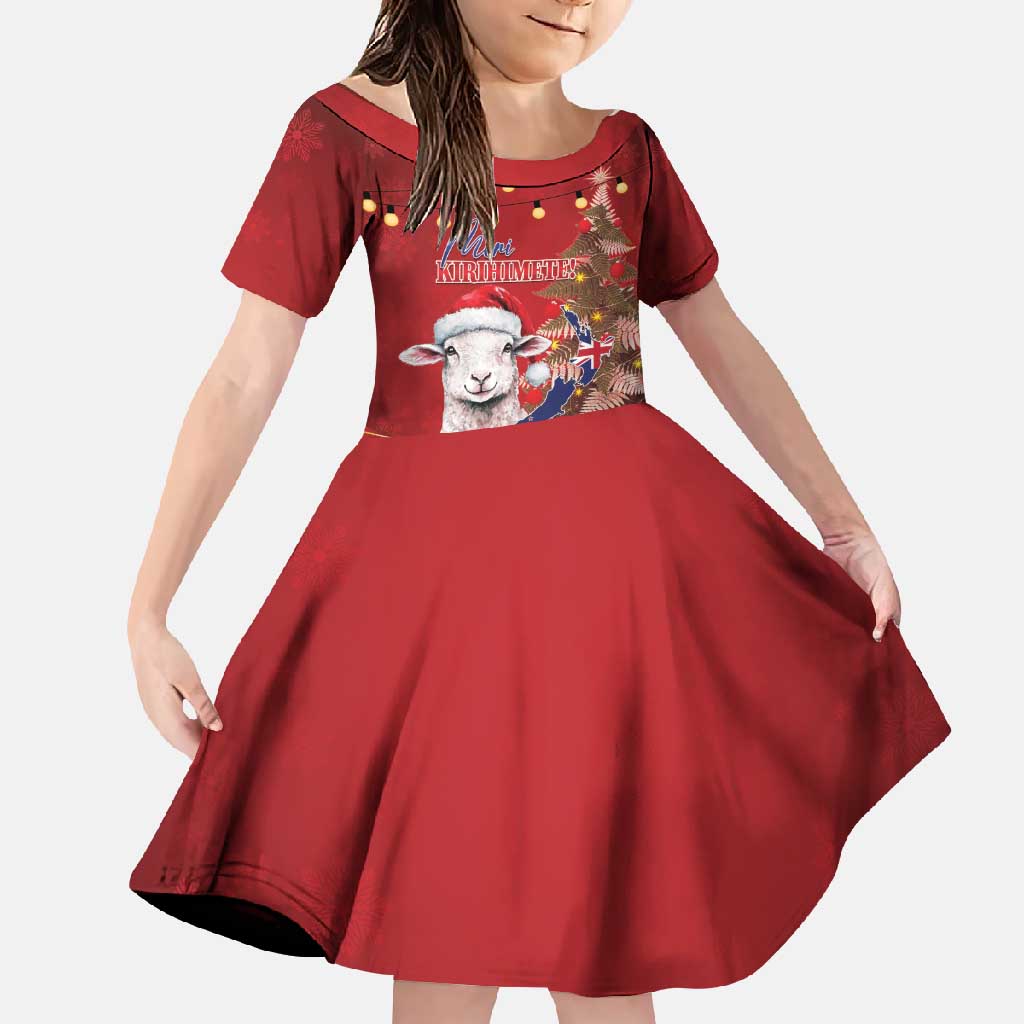 Personalized New Zealand Sheep Christmas Family Matching Mermaid Dress and Hawaiian Shirt Hipi Meri Kirihimete Silver Fern Xmas Tree LT14 Daughter's Dress Red - Polynesian Pride