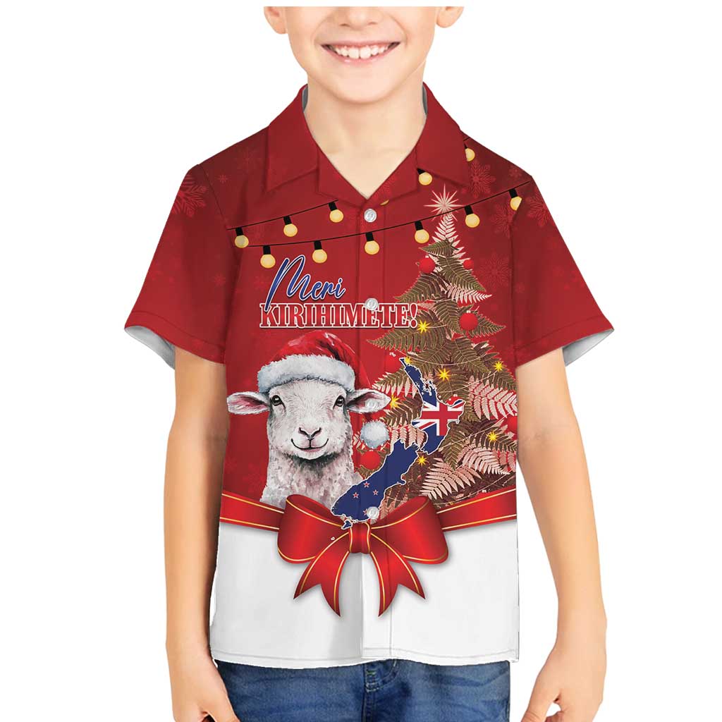 Personalized New Zealand Sheep Christmas Family Matching Mermaid Dress and Hawaiian Shirt Hipi Meri Kirihimete Silver Fern Xmas Tree LT14 Son's Shirt Red - Polynesian Pride