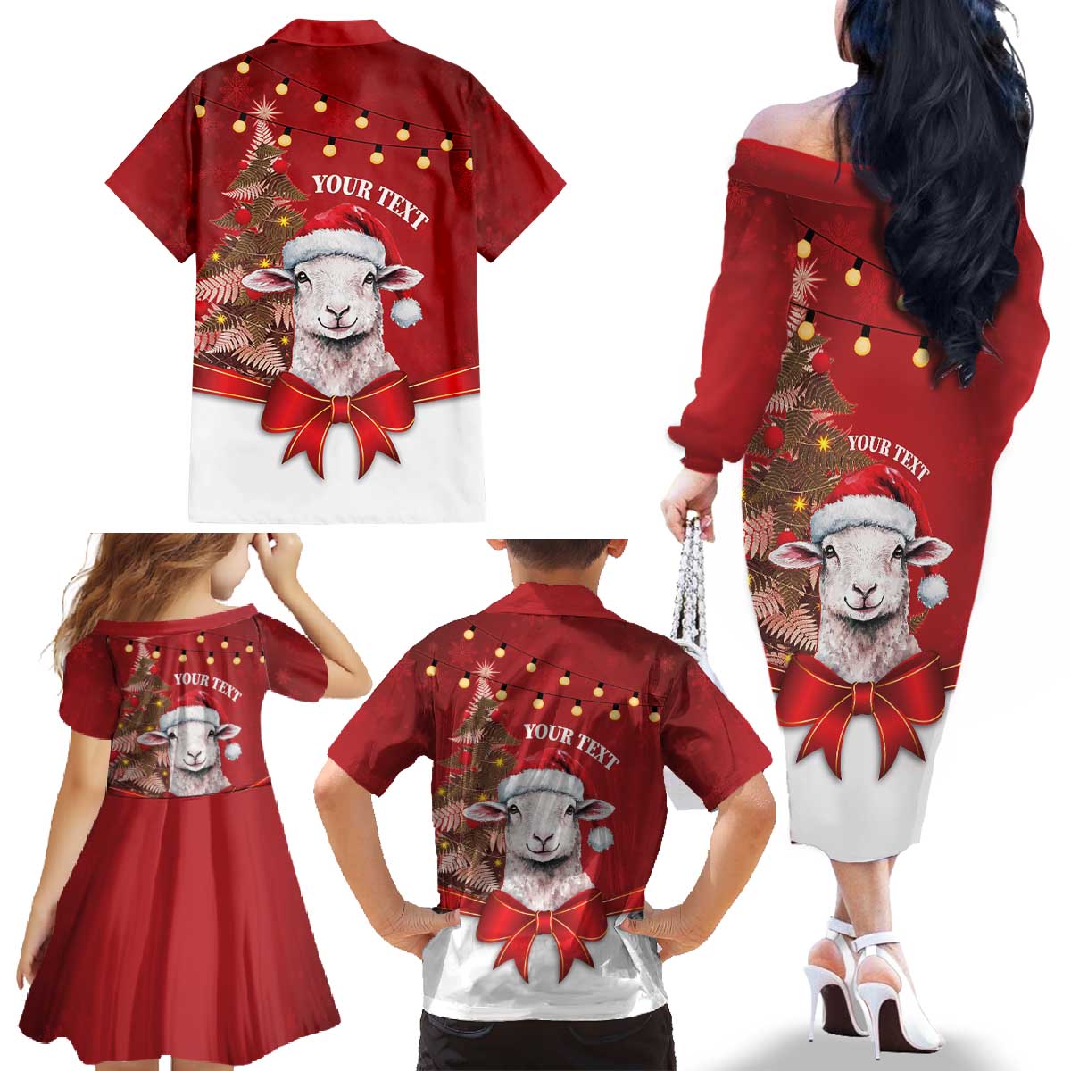 Personalized New Zealand Sheep Christmas Family Matching Off The Shoulder Long Sleeve Dress and Hawaiian Shirt Hipi Meri Kirihimete Silver Fern Xmas Tree LT14 - Polynesian Pride