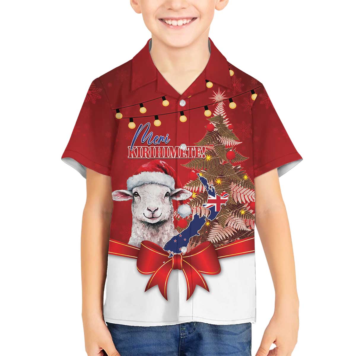 Personalized New Zealand Sheep Christmas Family Matching Off The Shoulder Long Sleeve Dress and Hawaiian Shirt Hipi Meri Kirihimete Silver Fern Xmas Tree LT14 Son's Shirt Red - Polynesian Pride
