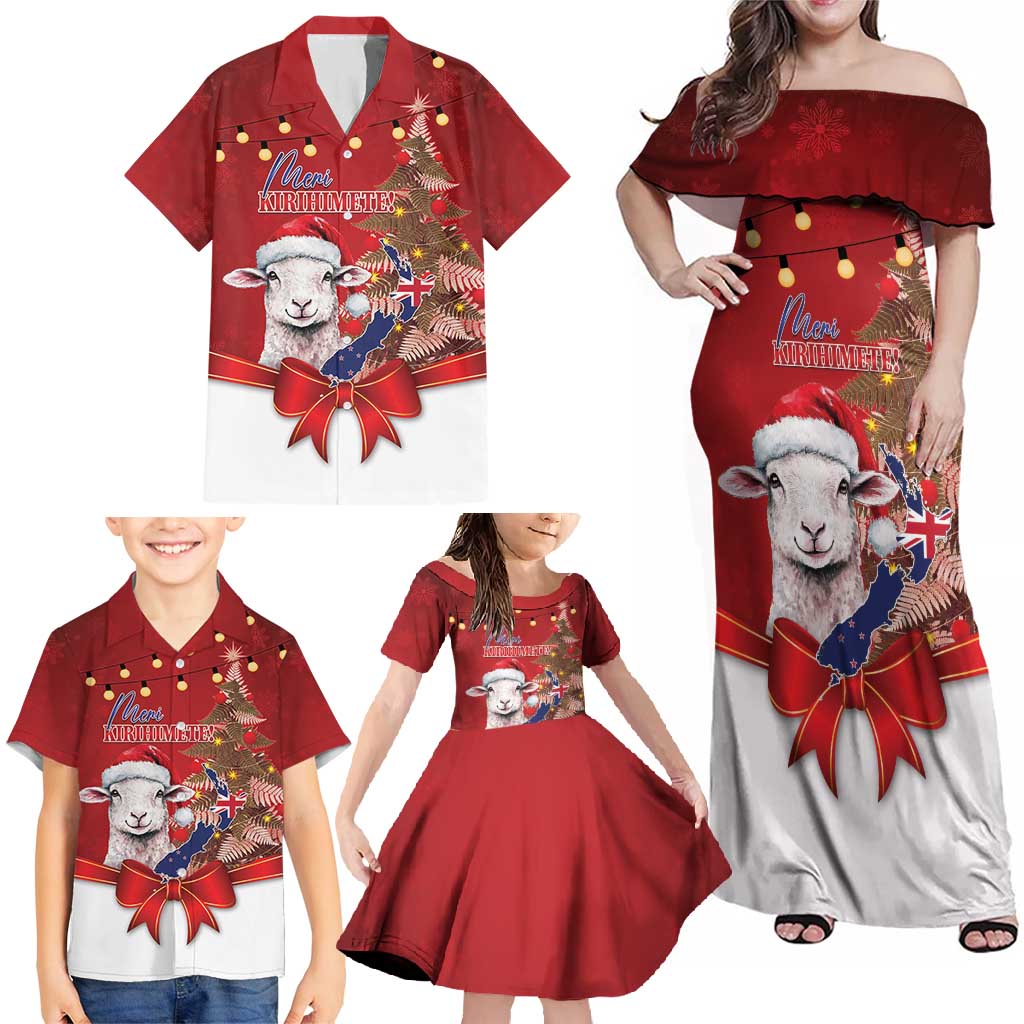 Personalized New Zealand Sheep Christmas Family Matching Off Shoulder Maxi Dress and Hawaiian Shirt Hipi Meri Kirihimete Silver Fern Xmas Tree LT14 - Polynesian Pride