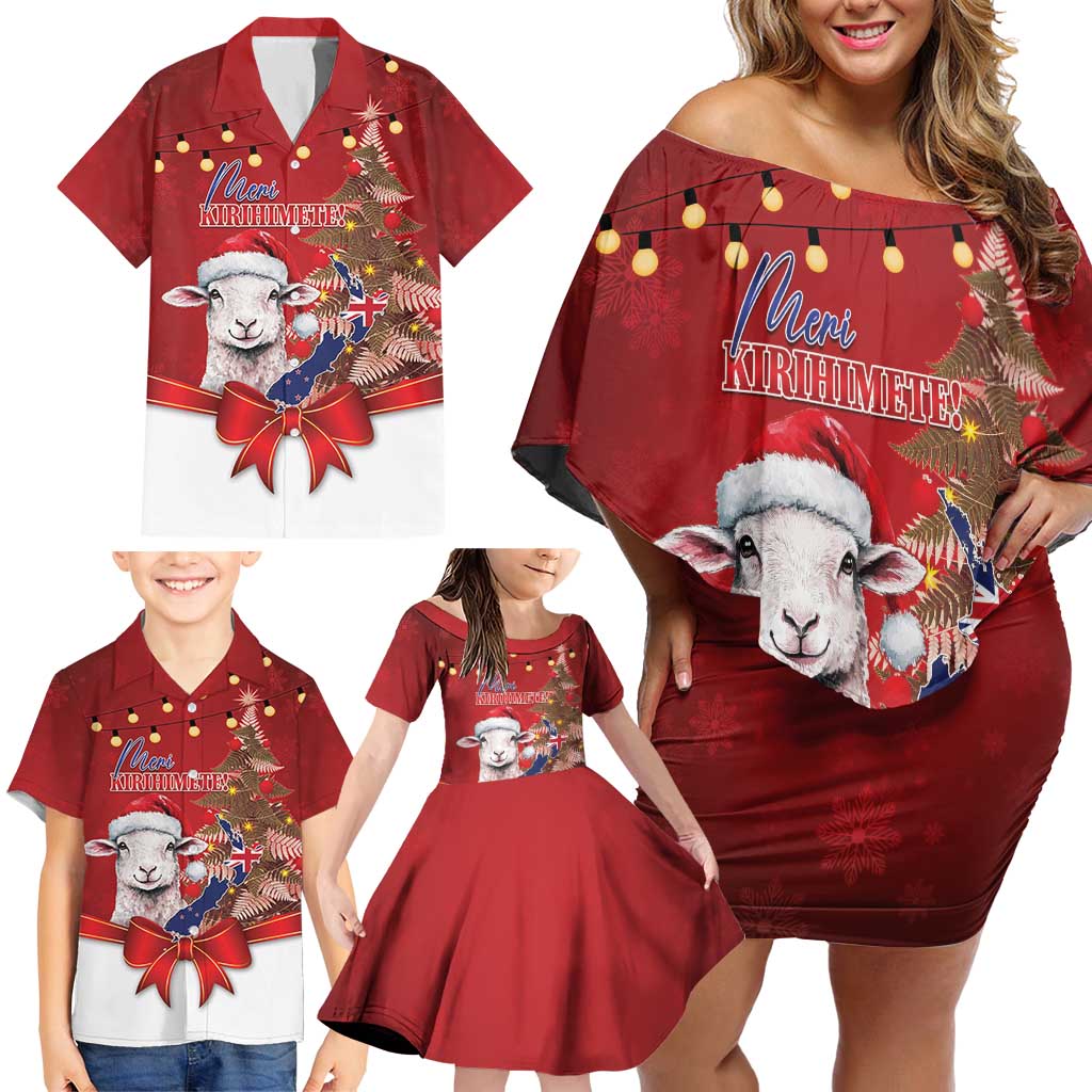 Personalized New Zealand Sheep Christmas Family Matching Off Shoulder Short Dress and Hawaiian Shirt Hipi Meri Kirihimete Silver Fern Xmas Tree LT14 - Polynesian Pride