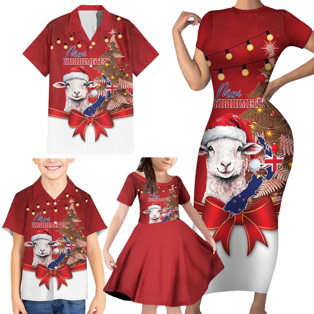 Personalized New Zealand Sheep Christmas Family Matching Short Sleeve Bodycon Dress and Hawaiian Shirt Hipi Meri Kirihimete Silver Fern Xmas Tree LT14 - Polynesian Pride