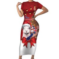 Personalized New Zealand Sheep Christmas Family Matching Short Sleeve Bodycon Dress and Hawaiian Shirt Hipi Meri Kirihimete Silver Fern Xmas Tree LT14 Mom's Dress Red - Polynesian Pride