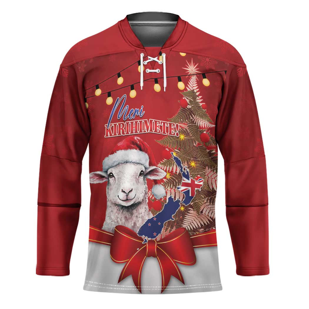 Personalized New Zealand Sheep Christmas Hockey Jersey Hipi Meri Kirihimete Silver Fern Xmas Tree LT14 Unisex Red - Polynesian Pride