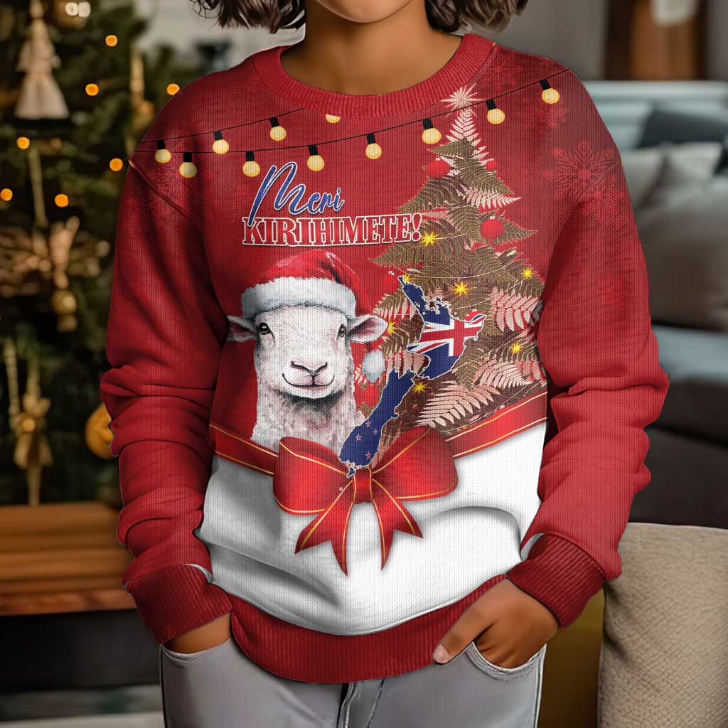 Personalized New Zealand Sheep Christmas Kid Ugly Christmas Sweater Hipi Meri Kirihimete Silver Fern Xmas Tree LT14 - Polynesian Pride