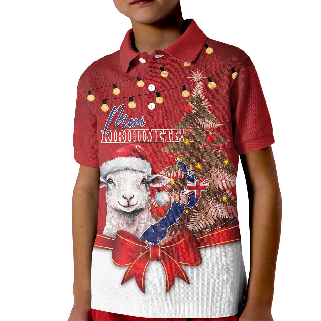Personalized New Zealand Sheep Christmas Kid Polo Shirt Hipi Meri Kirihimete Silver Fern Xmas Tree LT14 Kid Red - Polynesian Pride
