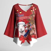 Personalized New Zealand Sheep Christmas Kimono Sleeve Blouse Hipi Meri Kirihimete Silver Fern Xmas Tree LT14 Female Red - Polynesian Pride