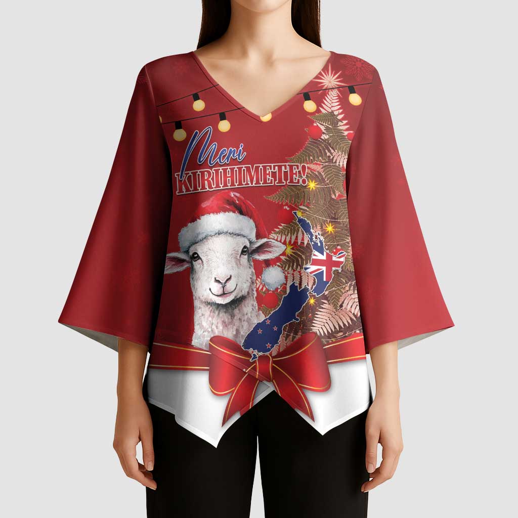 Personalized New Zealand Sheep Christmas Kimono Sleeve Blouse Hipi Meri Kirihimete Silver Fern Xmas Tree LT14 - Polynesian Pride