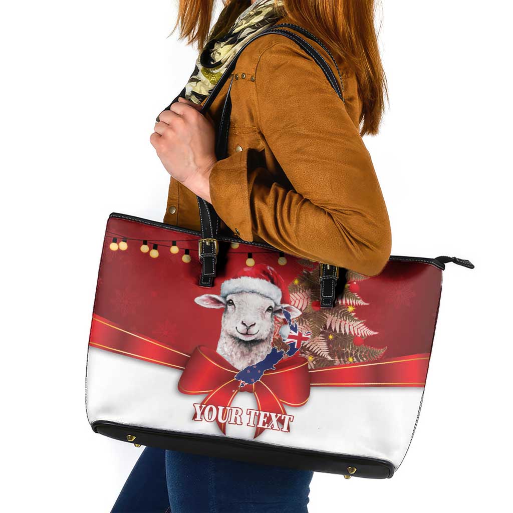 Personalized New Zealand Sheep Christmas Leather Tote Bag Hipi Meri Kirihimete Silver Fern Xmas Tree LT14 Red - Polynesian Pride