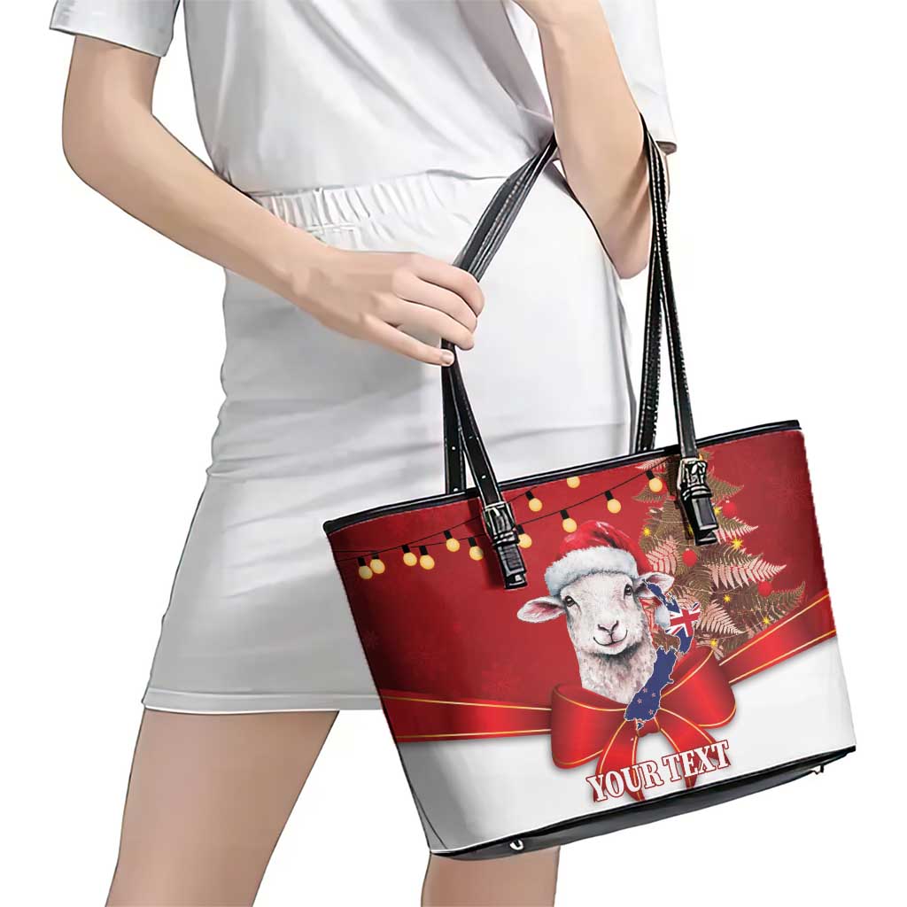 Personalized New Zealand Sheep Christmas Leather Tote Bag Hipi Meri Kirihimete Silver Fern Xmas Tree LT14 - Polynesian Pride