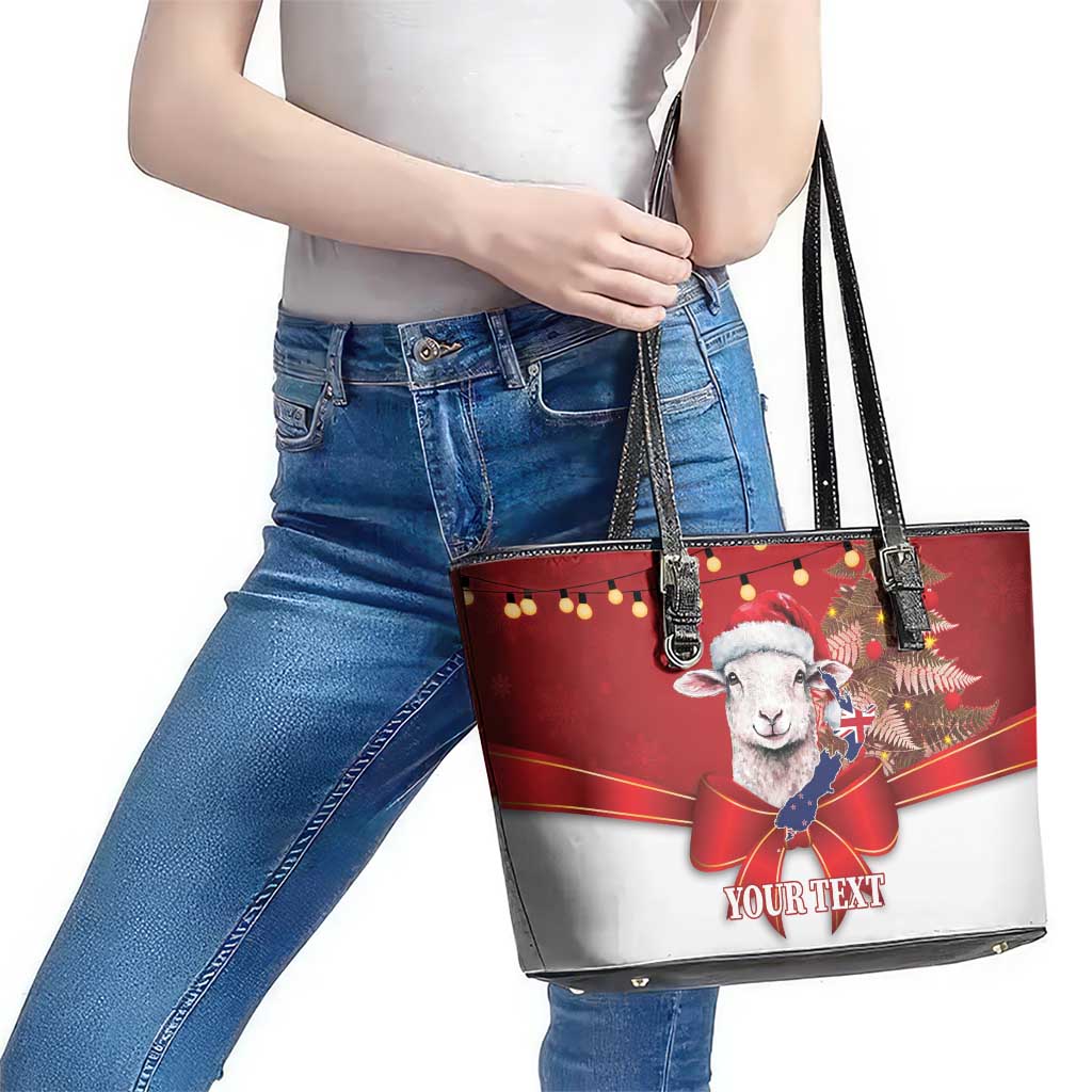 Personalized New Zealand Sheep Christmas Leather Tote Bag Hipi Meri Kirihimete Silver Fern Xmas Tree LT14 - Polynesian Pride
