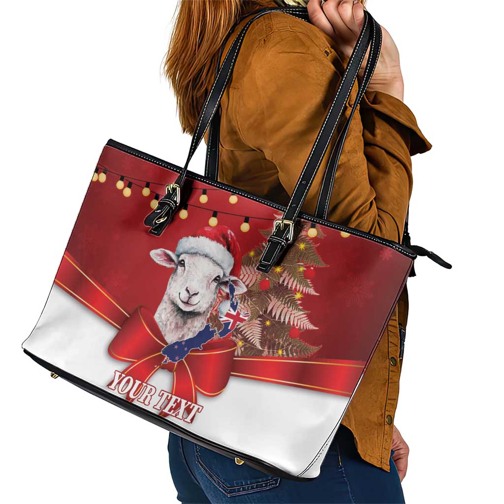 Personalized New Zealand Sheep Christmas Leather Tote Bag Hipi Meri Kirihimete Silver Fern Xmas Tree LT14 - Polynesian Pride