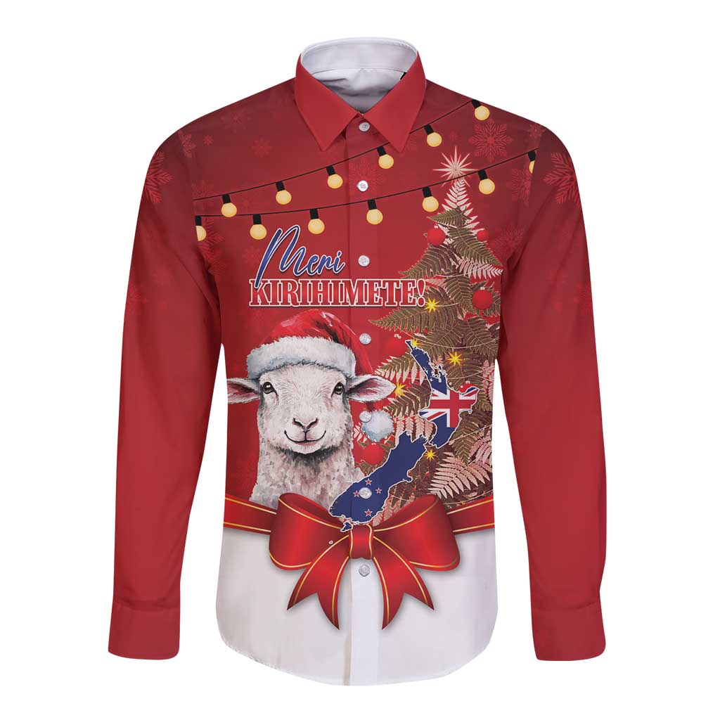 Personalized New Zealand Sheep Christmas Long Sleeve Button Shirt Hipi Meri Kirihimete Silver Fern Xmas Tree LT14 Unisex Red - Polynesian Pride