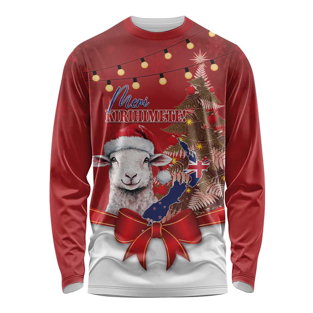 Personalized New Zealand Sheep Christmas Long Sleeve Shirt Hipi Meri Kirihimete Silver Fern Xmas Tree LT14 Unisex Red - Polynesian Pride