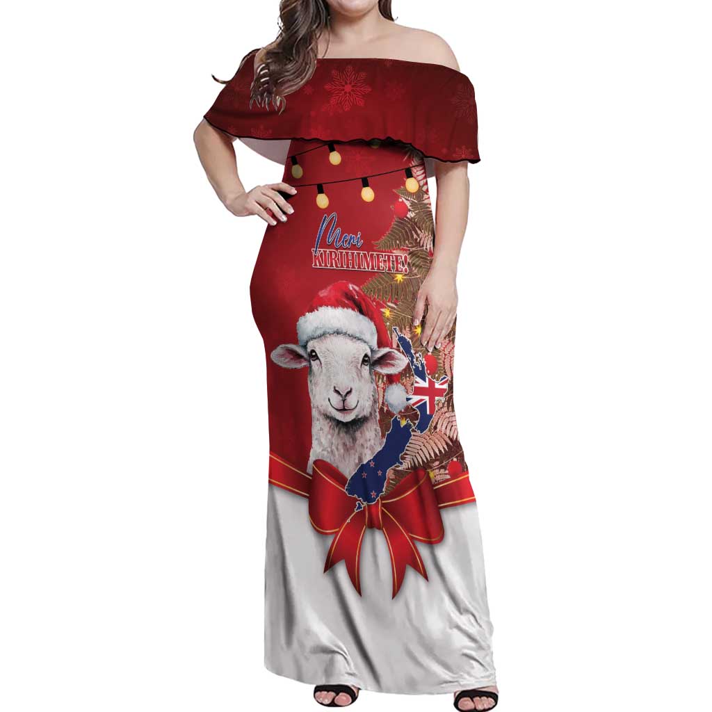 Personalized New Zealand Sheep Christmas Off Shoulder Maxi Dress Hipi Meri Kirihimete Silver Fern Xmas Tree LT14 Women Red - Polynesian Pride