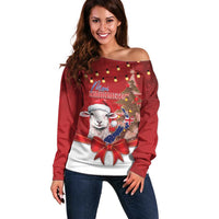 Personalized New Zealand Sheep Christmas Off Shoulder Sweater Hipi Meri Kirihimete Silver Fern Xmas Tree LT14 Women Red - Polynesian Pride
