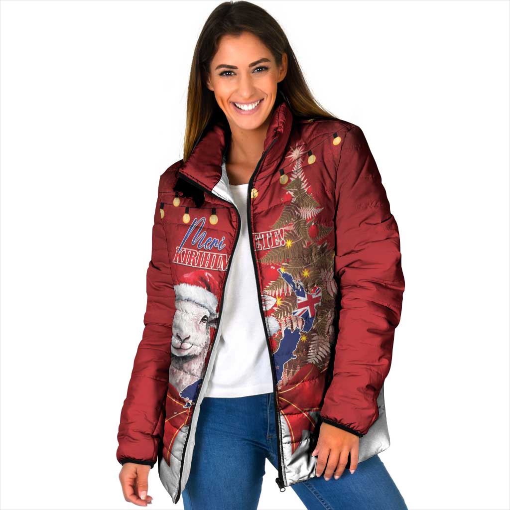 Personalized New Zealand Sheep Christmas Padded Jacket Hipi Meri Kirihimete Silver Fern Xmas Tree - Polynesian Pride