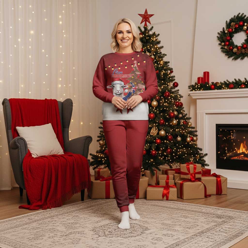 Personalized New Zealand Sheep Christmas Pajama Set Hipi Meri Kirihimete Silver Fern Xmas Tree LT14 Women Red - Polynesian Pride