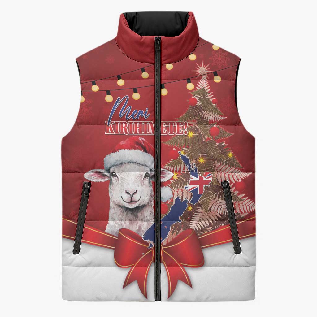 Personalized New Zealand Sheep Christmas Sleeveless Puffer Jacket Hipi Meri Kirihimete Silver Fern Xmas Tree LT14 Unisex Red - Polynesian Pride
