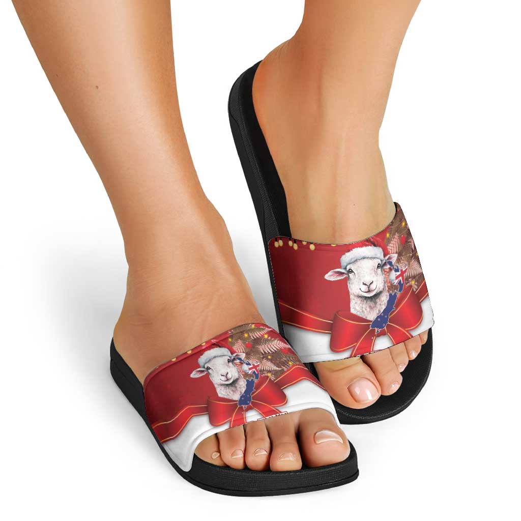 Personalized New Zealand Sheep Christmas Slide Sandals Hipi Meri Kirihimete Silver Fern Xmas Tree LT14 - Polynesian Pride