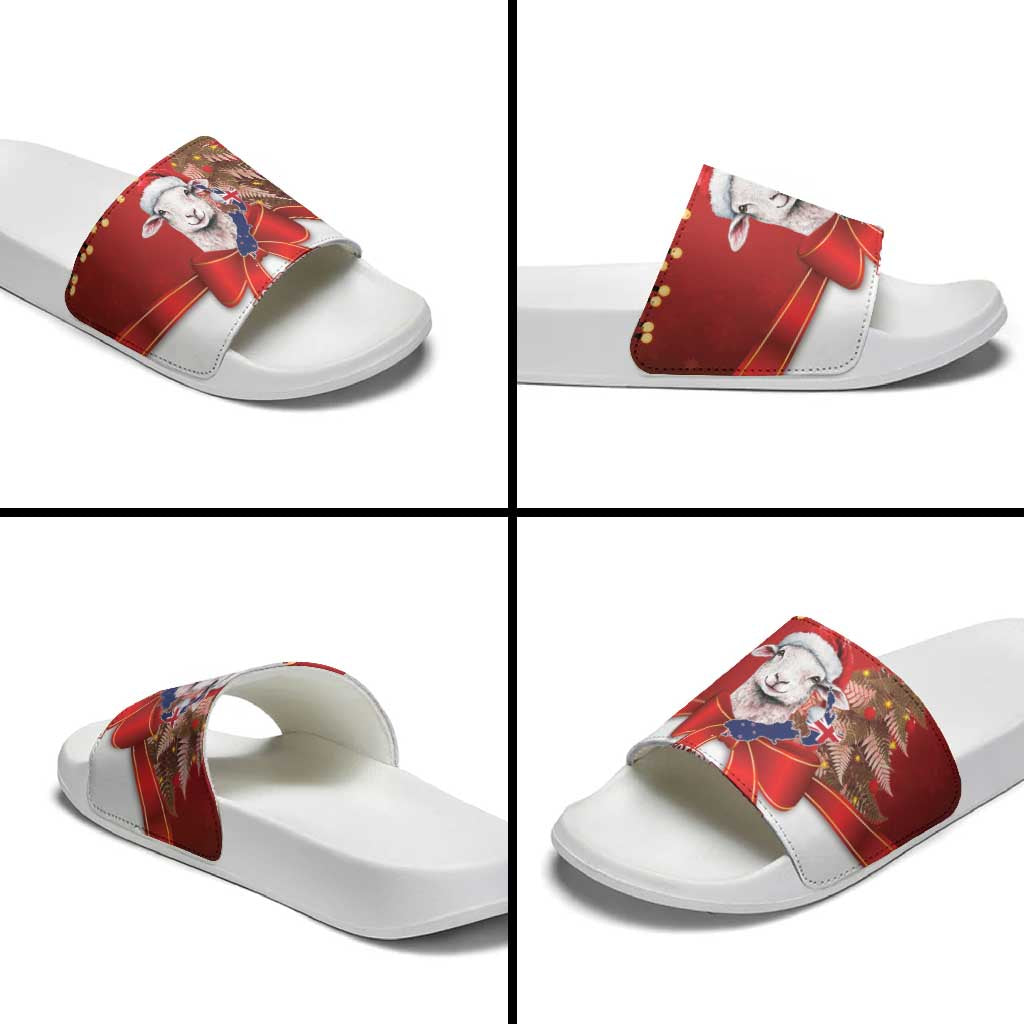 Personalized New Zealand Sheep Christmas Slide Sandals Hipi Meri Kirihimete Silver Fern Xmas Tree LT14 - Polynesian Pride
