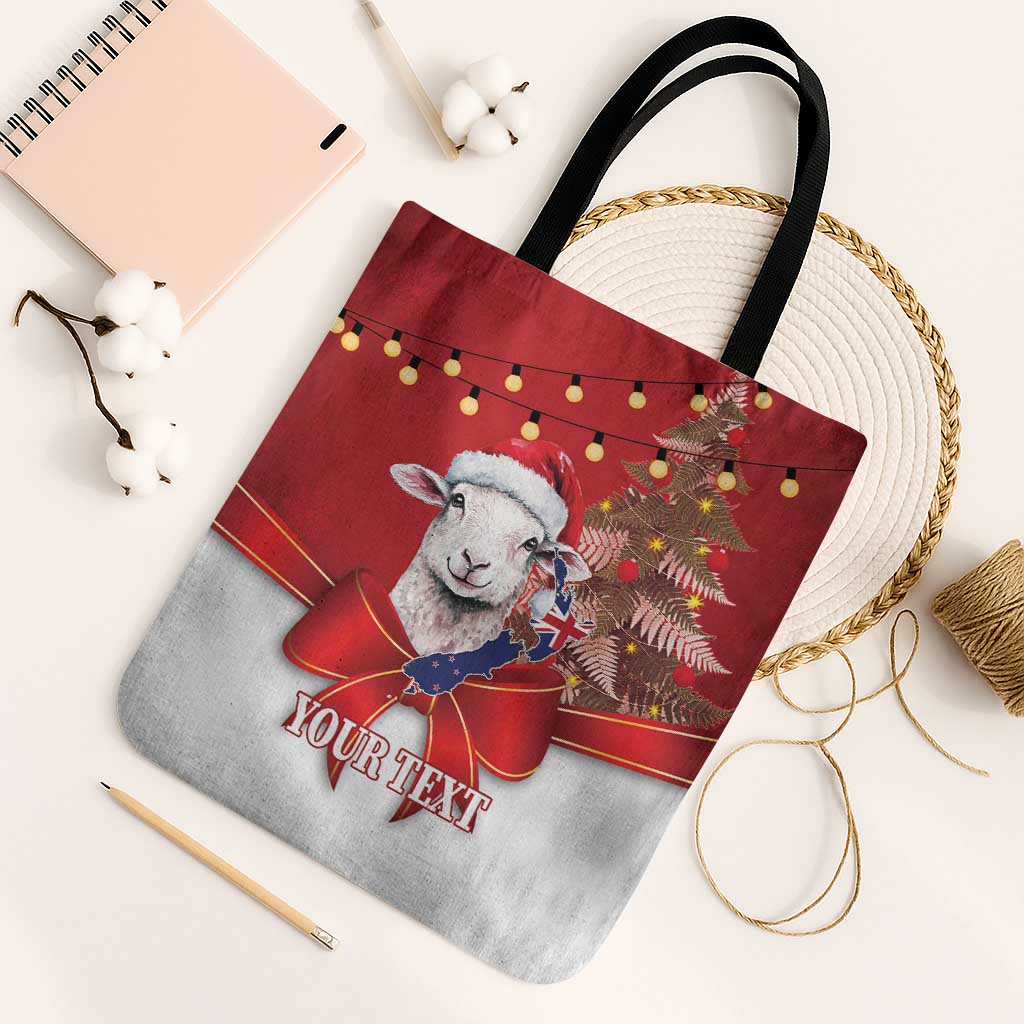 Personalized New Zealand Sheep Christmas Tote Bag Hipi Meri Kirihimete Silver Fern Xmas Tree LT14 Black Strap One Size Red - Polynesian Pride