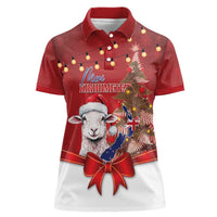 Personalized New Zealand Sheep Christmas Women Polo Shirt Hipi Meri Kirihimete Silver Fern Xmas Tree - Polynesian Pride