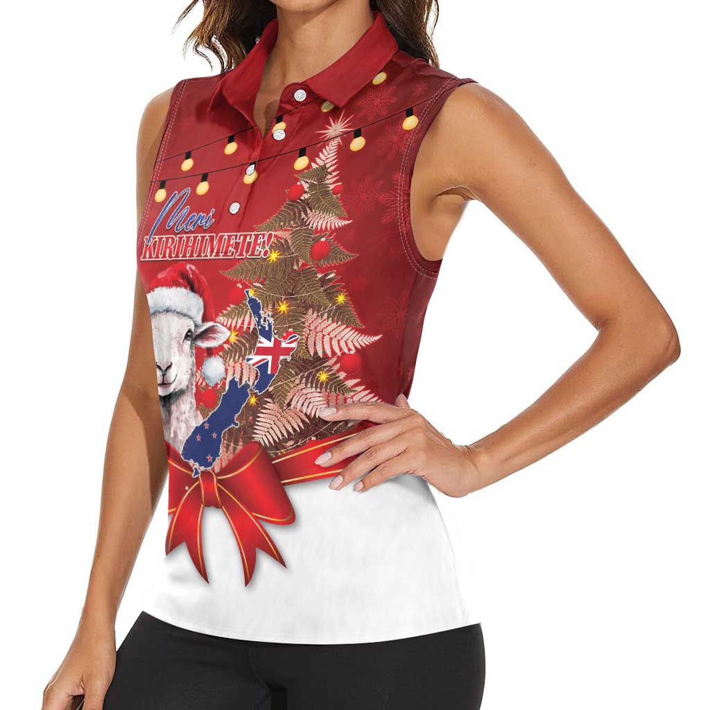 Personalized New Zealand Sheep Christmas Women Sleeveless Polo Shirt Hipi Meri Kirihimete Silver Fern Xmas Tree LT14 - Polynesian Pride