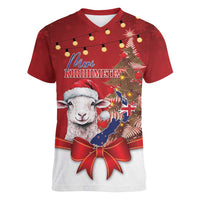 Personalized New Zealand Sheep Christmas Women V-Neck T-Shirt Hipi Meri Kirihimete Silver Fern Xmas Tree LT14 Female Red - Polynesian Pride