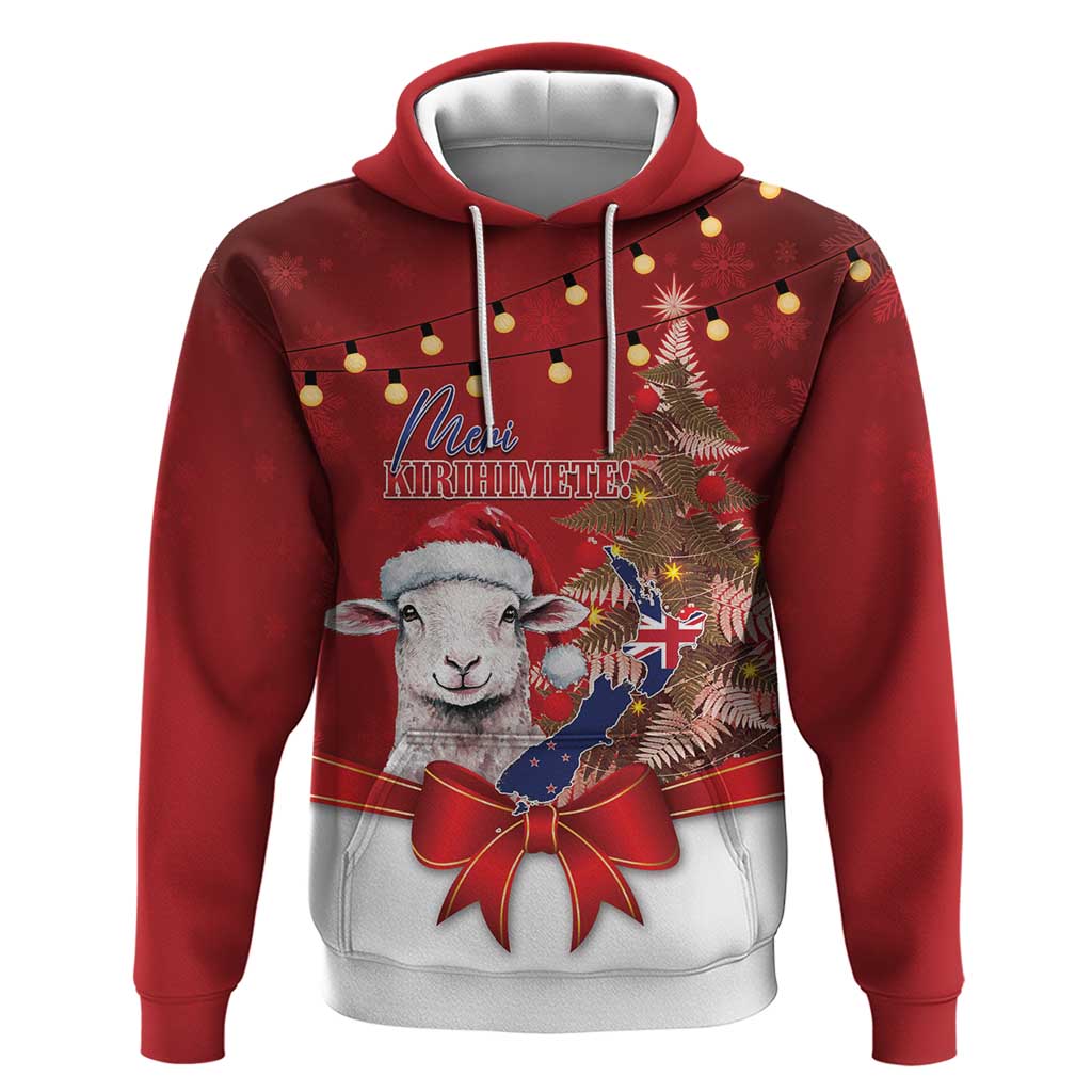 Personalized New Zealand Sheep Christmas Zip Hoodie Hipi Meri Kirihimete Silver Fern Xmas Tree LT14 Pullover Hoodie Red - Polynesian Pride