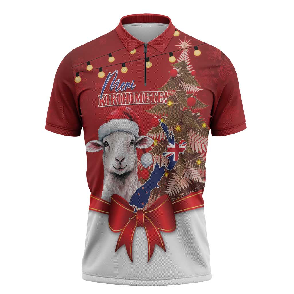 Personalized New Zealand Sheep Christmas Zipper Polo Shirt Hipi Meri Kirihimete Silver Fern Xmas Tree LT14 Red - Polynesian Pride
