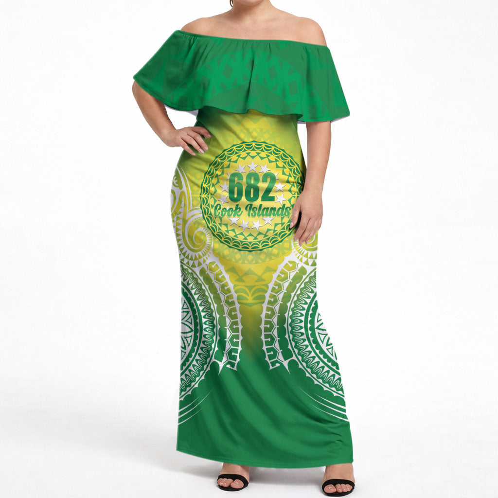 Cook Islands 682 Off Shoulder Maxi Dress Kuki 'Airani Area Code Proud LT14 Women Green - Polynesian Pride
